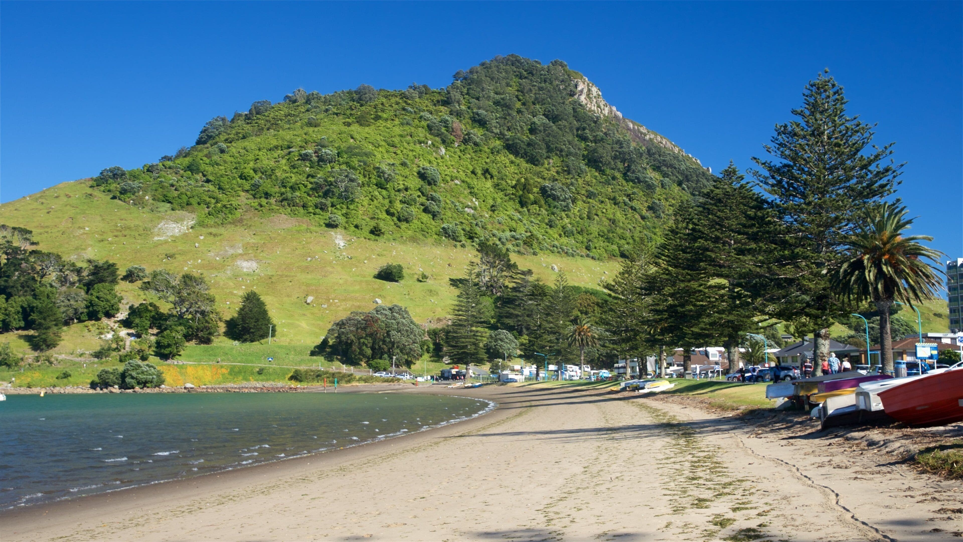 Mount Maunganui which includes general coastal views, a sandy beach and mountains