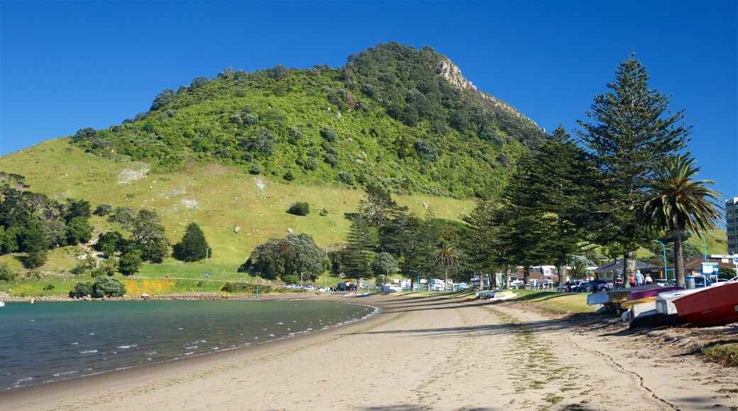 Mount Maunganui which includes general coastal views, a sandy beach and mountains