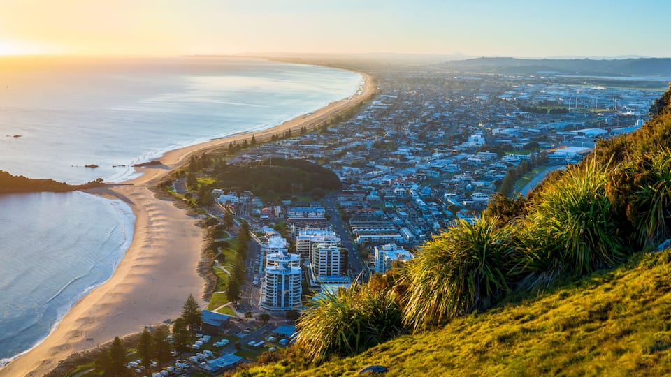 A coastal cityscape with a beach, buildings, and a hilly landscape.