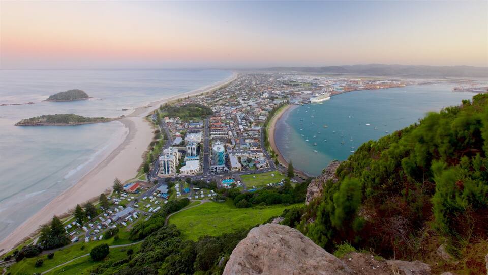 Mount Maunganui featuring general coastal views, a coastal town and a sunset