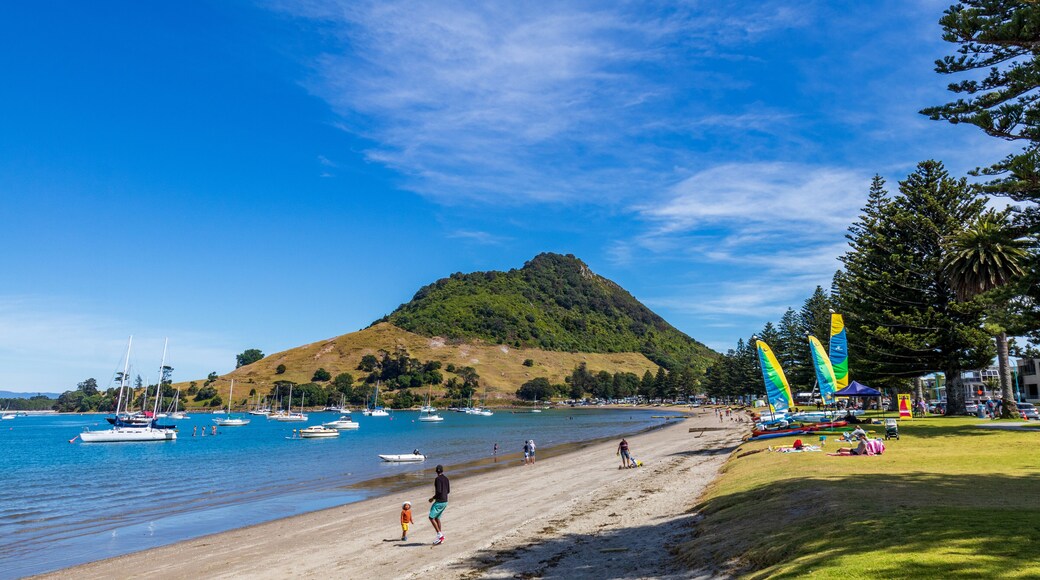 View of a beach and Mount Maunganui near Tauranga, located at the Bay of Plenty region on New Zealand's North Island.