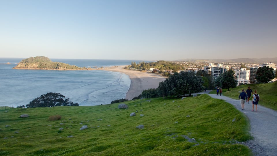 Un paisaje costero con una playa, una colina cubierta de hierba y un sendero con gente caminando.