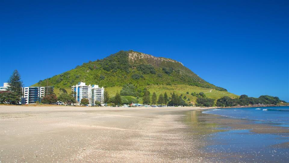 Mount Maunganui which includes general coastal views, mountains and a beach