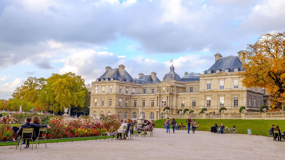 Late autumn in Jardin du Luxembourg, Paris, France. Tourists on benches, blue sky with fluffy clouds.; Shutterstock ID 497866750