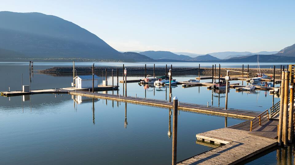 A calm marina with boats docked, wooden piers, and mountains in the background.