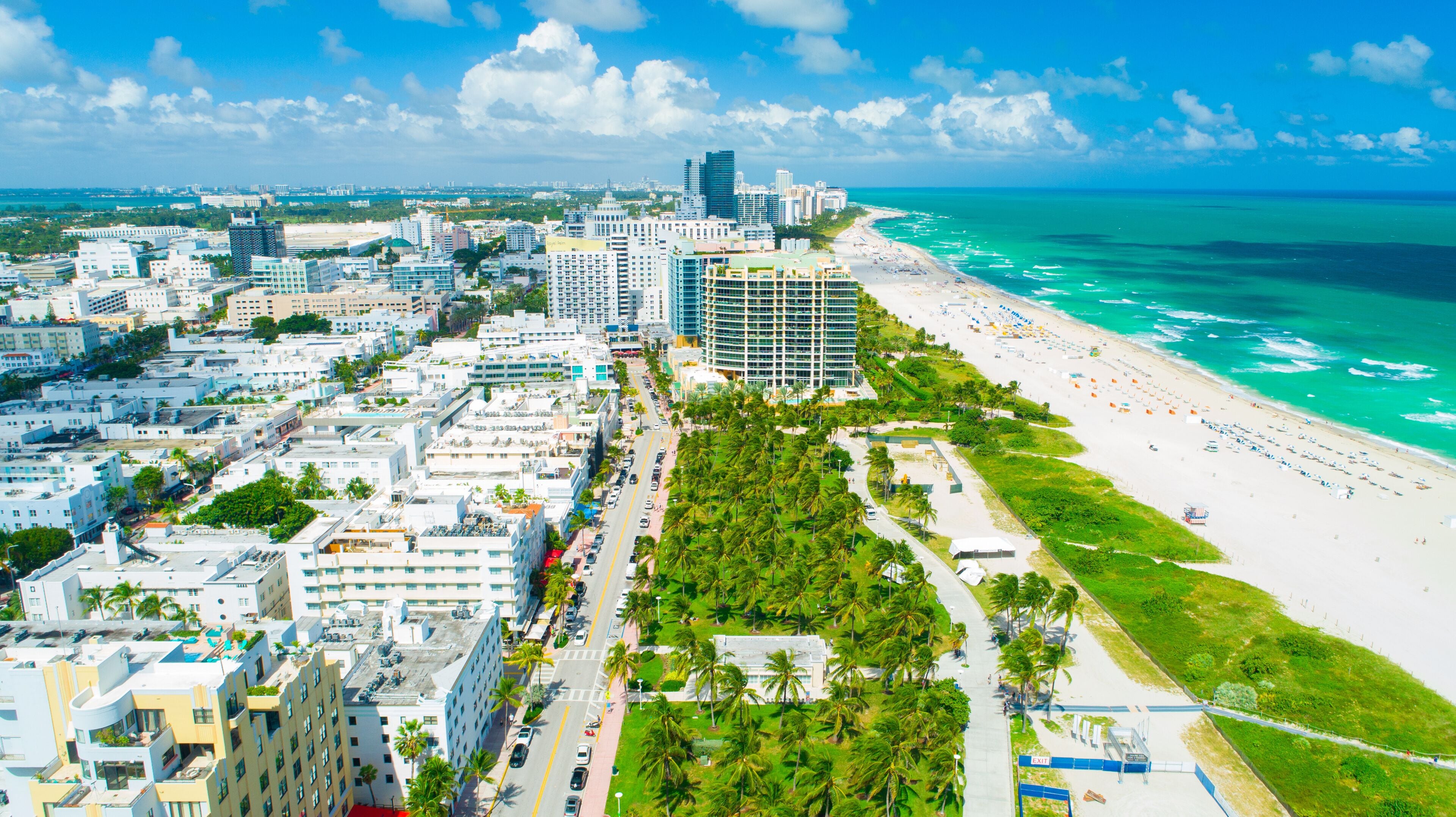 A coastal cityscape with a beach, palm trees, and high-rise buildings.