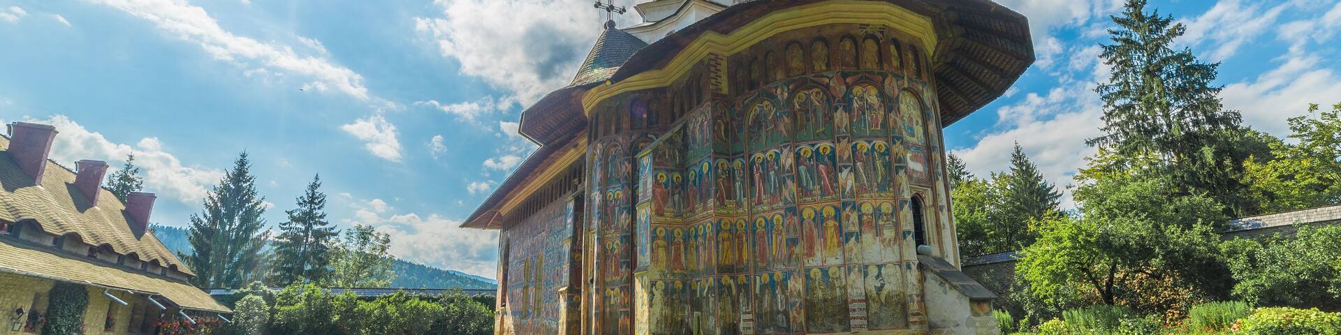 Vatra Moldovi»õei, Romania - May 2017: Moldovita orthodox painted church monastery, Moldavia, Bucovina, Romania