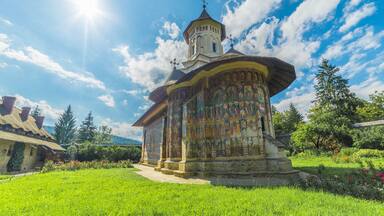 Vatra Moldovi»õei, Romania - May 2017: Moldovita orthodox painted church monastery, Moldavia, Bucovina, Romania
