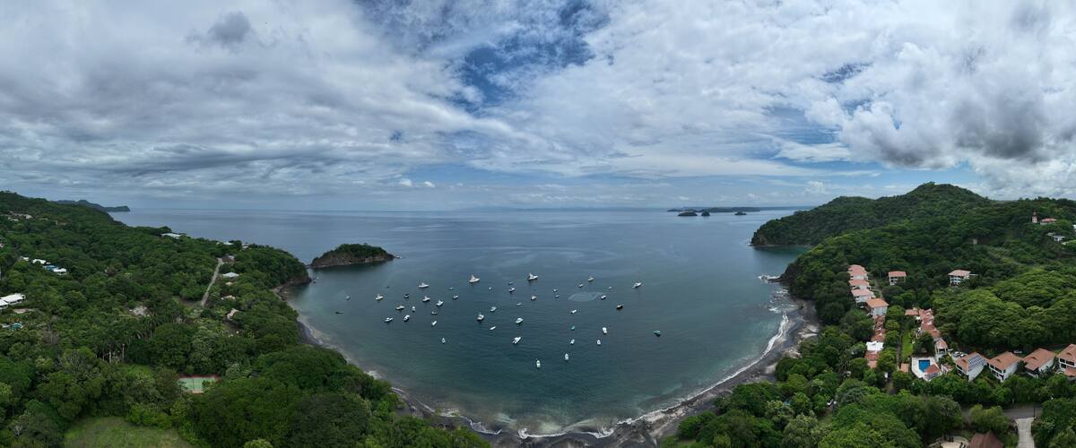 A coastal landscape with dense greenery, a bay filled with boats, and a distant island.