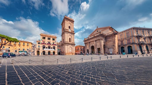 Panoramic summer view of Lanciano Cathedral and famous historical place - Ponte di Diocleziano. Colorful morning cityscape of Lanciano town, Italy, Europe. Traveling concept background..