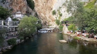 A river flowing through a canyon with a waterfall, surrounded by lush greenery and a restaurant area.