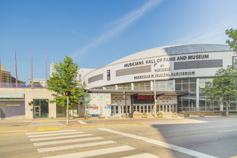 The exterior of the Musicians Hall of Fame and Museum at Historic Nashville Municipal Auditorium.