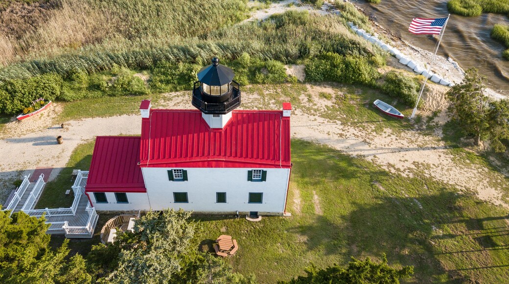 Aerial Drone image of the East Point Lighthouse on the Maurice River entrance to the Delaware Bay outside of Cape May