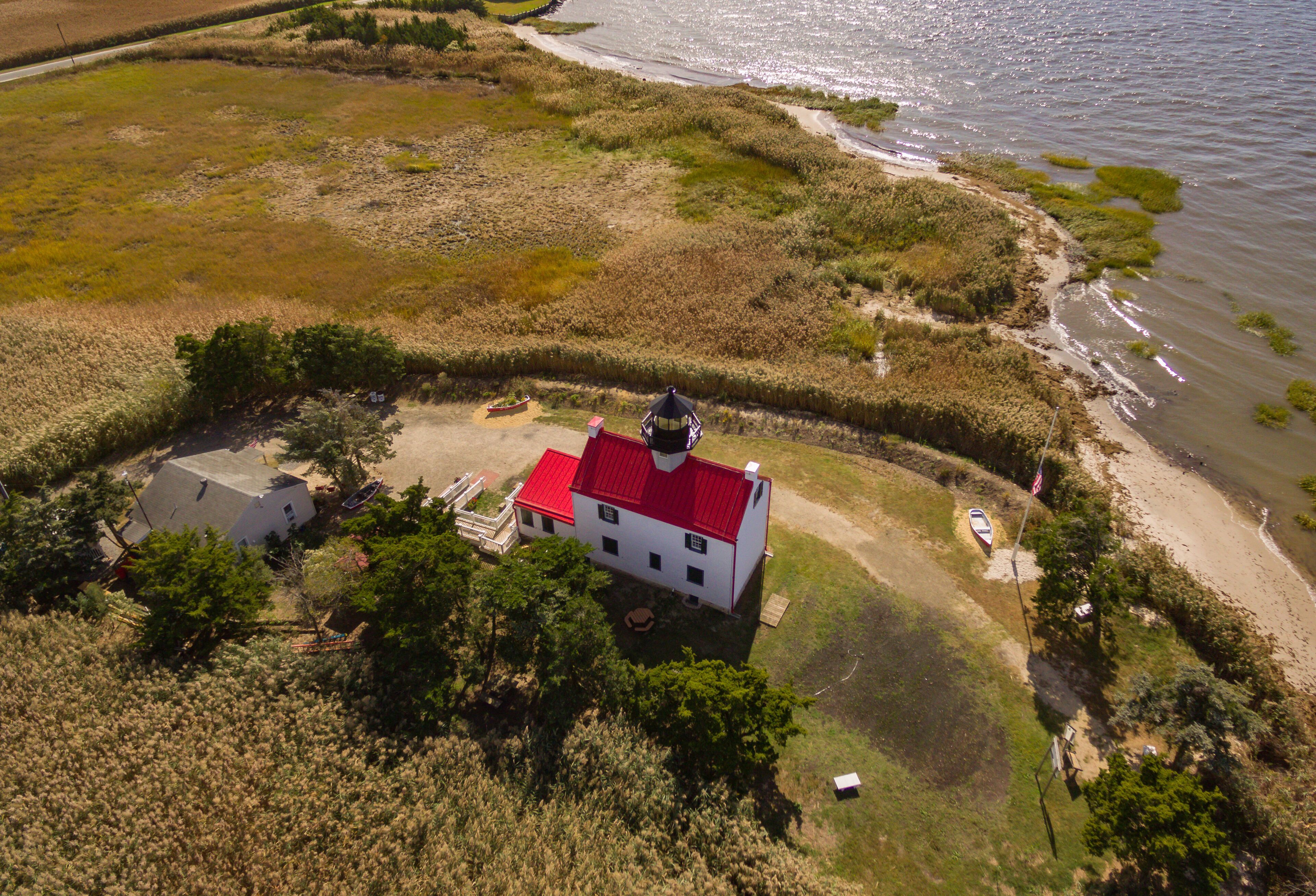 Aerial images of the newly remodeled and restored East Point Lighthouse in Cape May on the Delaware bay