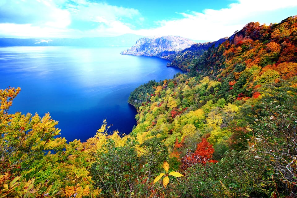 A coastal landscape with a mountain range, a body of water, and autumn-colored foliage.