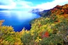 A coastal landscape with a mountain range, a body of water, and autumn-colored foliage.