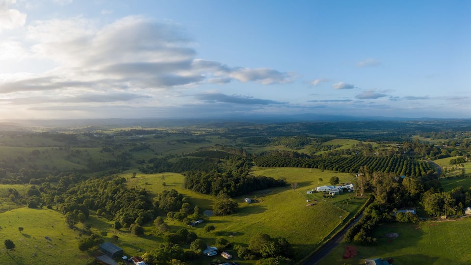 A panoramic view of a lush valley with rolling hills, scattered trees, and a few buildings.
