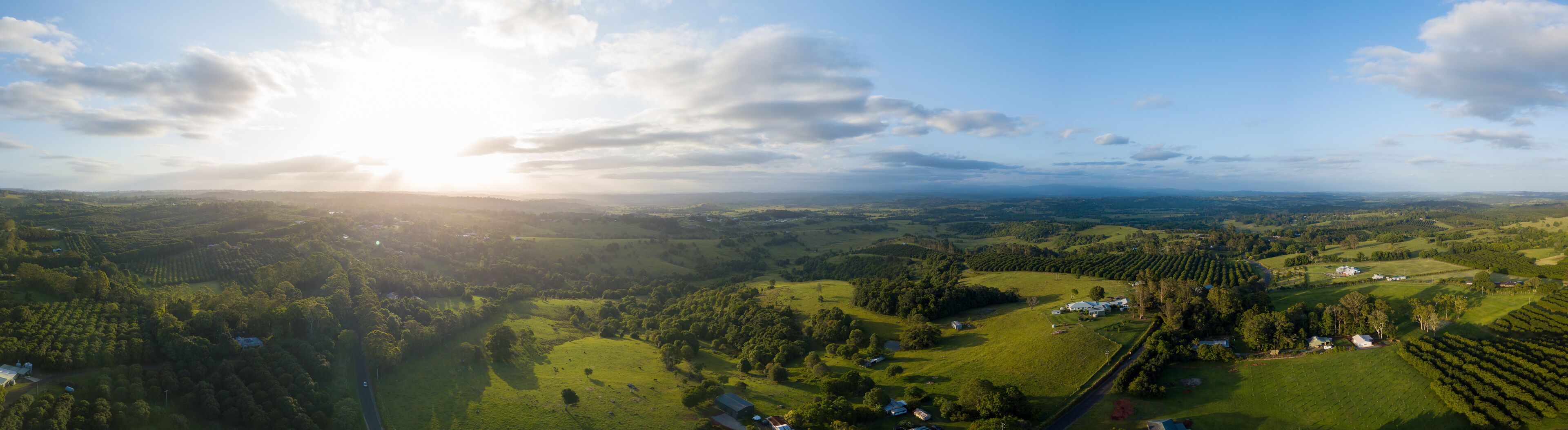 A panoramic view of a lush valley with rolling hills, scattered trees, and a few buildings.