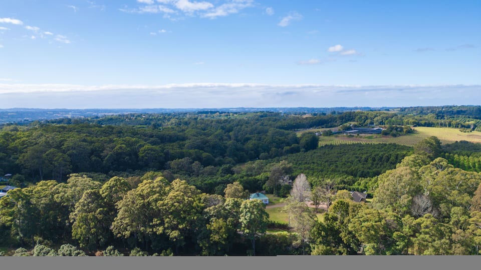A lush green landscape with dense forests, a few scattered houses, and a clear blue sky.