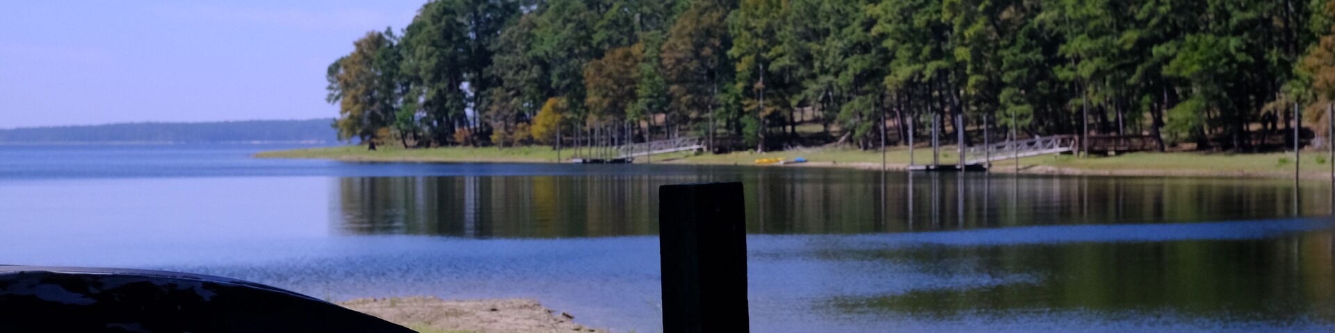 Um lago tranquilo com margem gramada e uma fileira de árvores ao fundo.