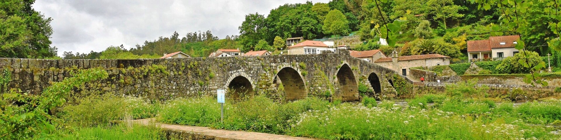 Un puente de piedra con arcos sobre un canal, rodeado de abundante vegetación y casas al fondo.