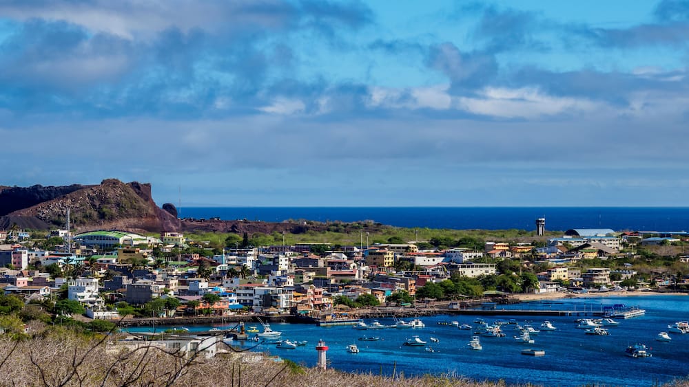 Une ville côtière qui se distingue par une colline imposante, un phare et de nombreux bateaux dans le port.