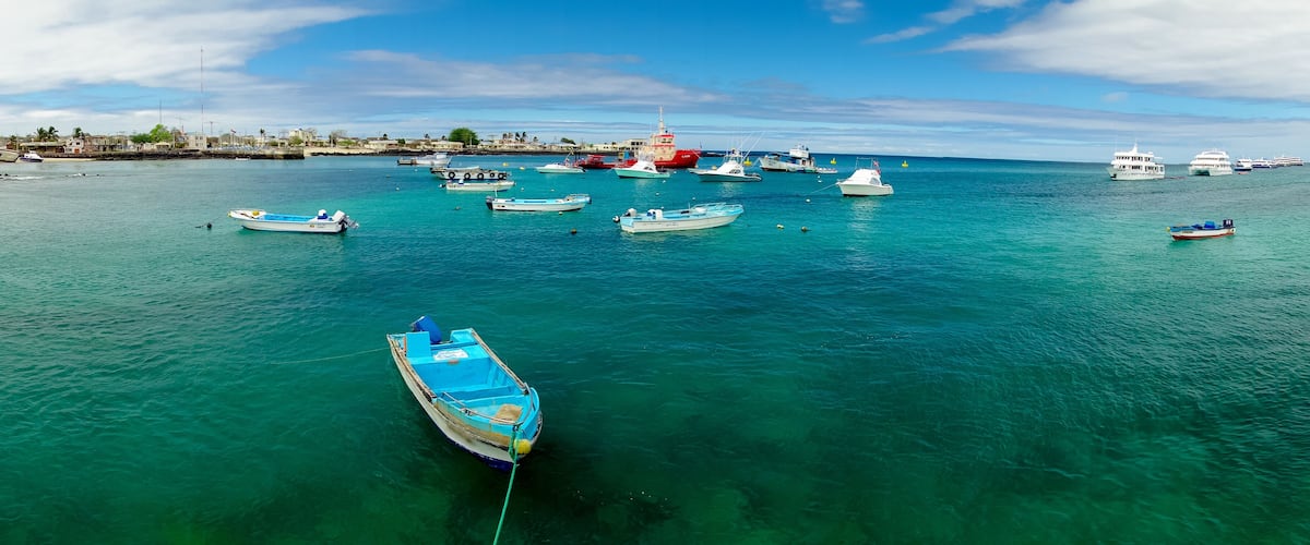 A harbor with various boats, including a large red ship and several smaller boats, under a clear blue sky.