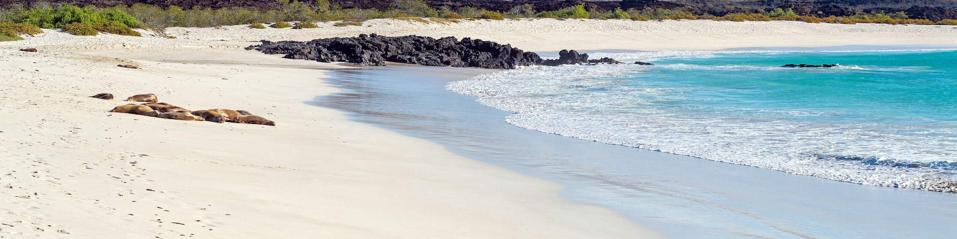 A beach with white sand, clear turquoise water, and a rocky outcrop.
