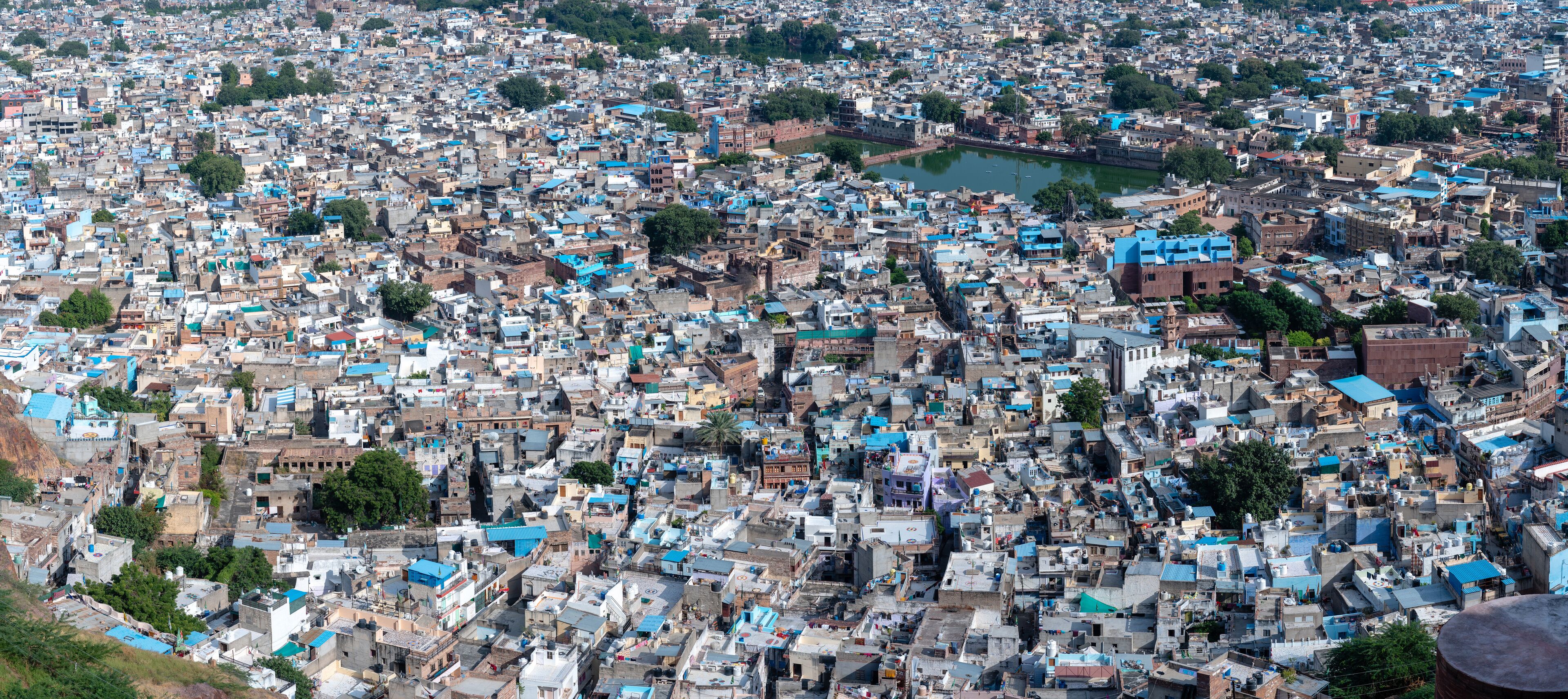 Ausblick auf Blaue Stadt Jodhpur von der Mehrangarh Festungsanlage in Jodhpur Rajasthan Indien