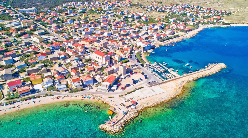 Razanac. Historic town of Razanac and Velebit channel aerial view