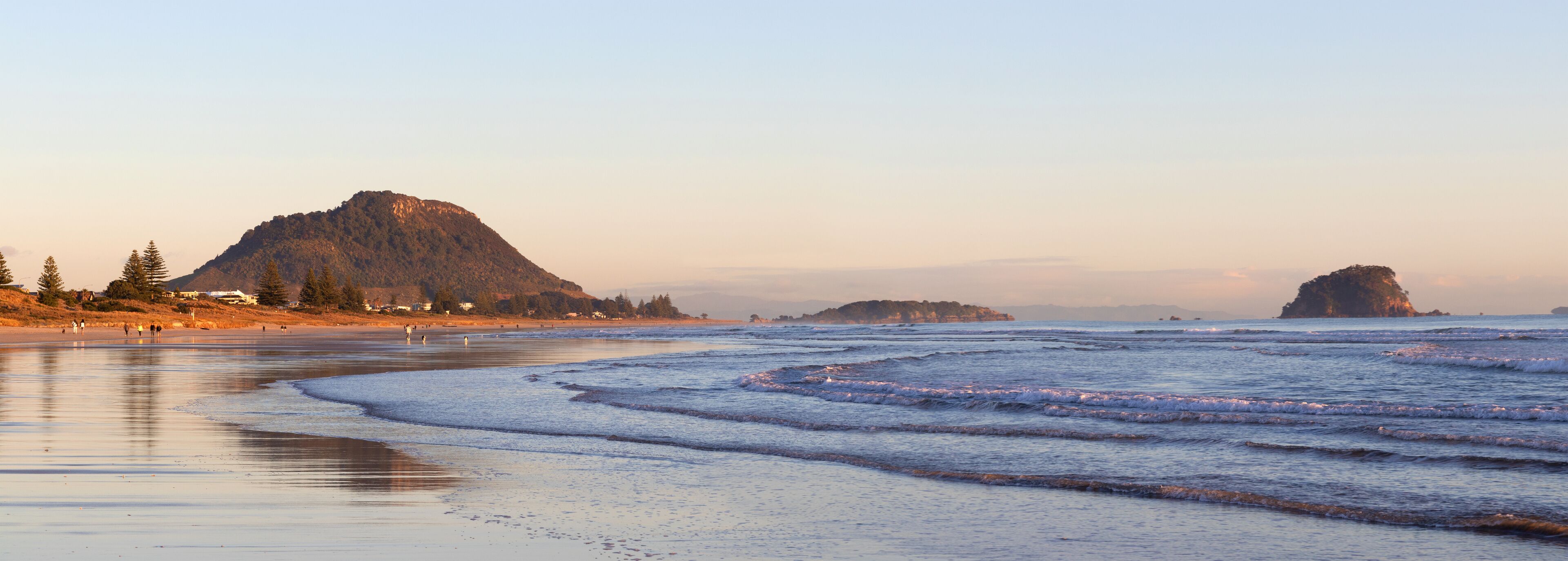 A beach with waves, a large mountain, and a small island in the distance.