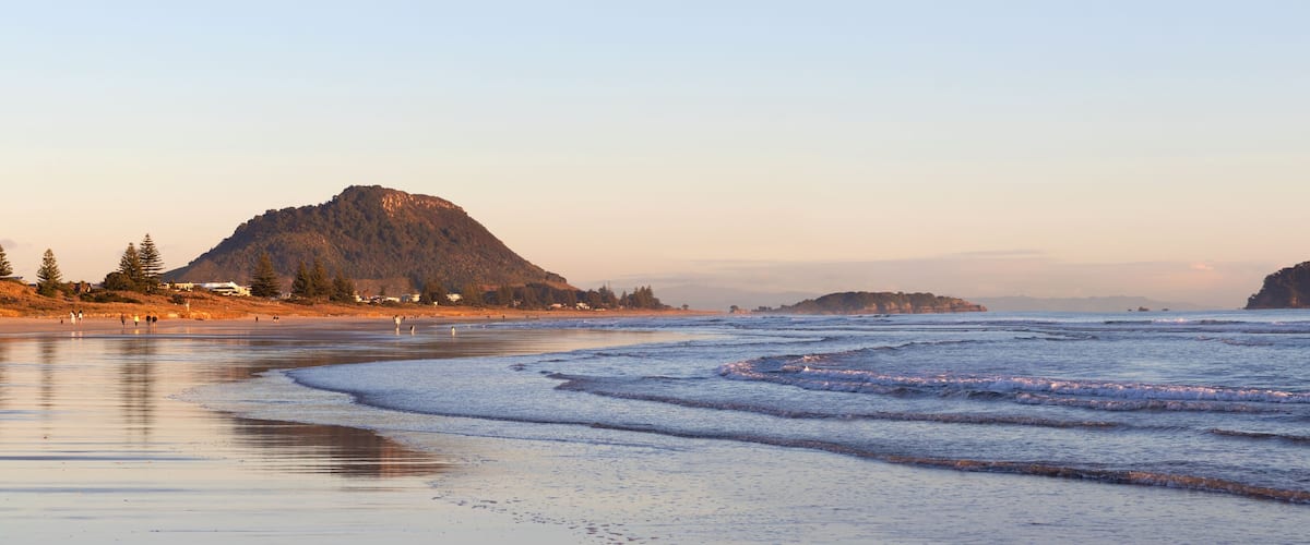 A beach with waves, a large mountain, and a small island in the distance.