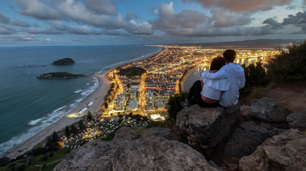 A couple climbed to the top of Mount Maunganui to view the city of Tauranga, New Zealand. The view at night time is simply mesmerizing. There are beautiful lights coming from the roads and buildings.