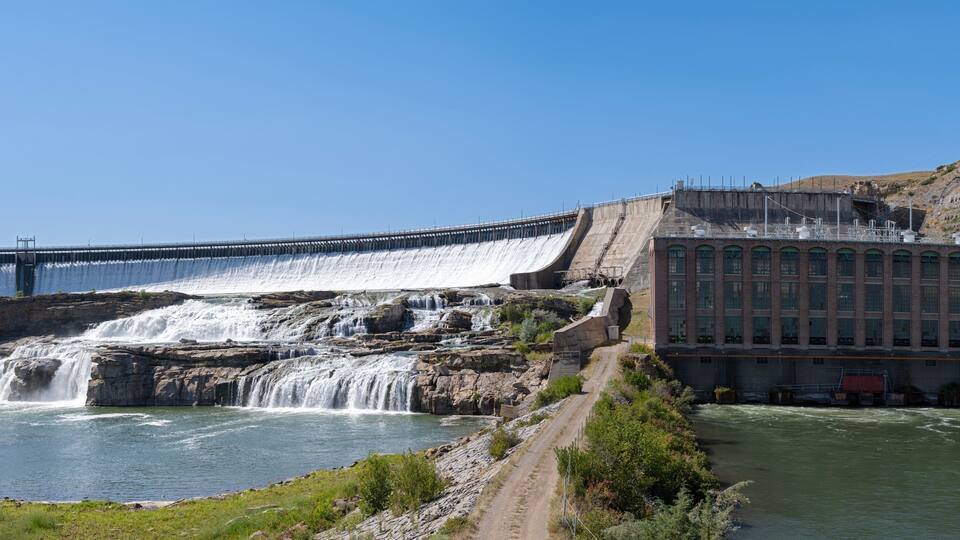 Panorama of the Ryan Dam spillway, waterfalls, and powerhouse near Great Falls, Montana, USA