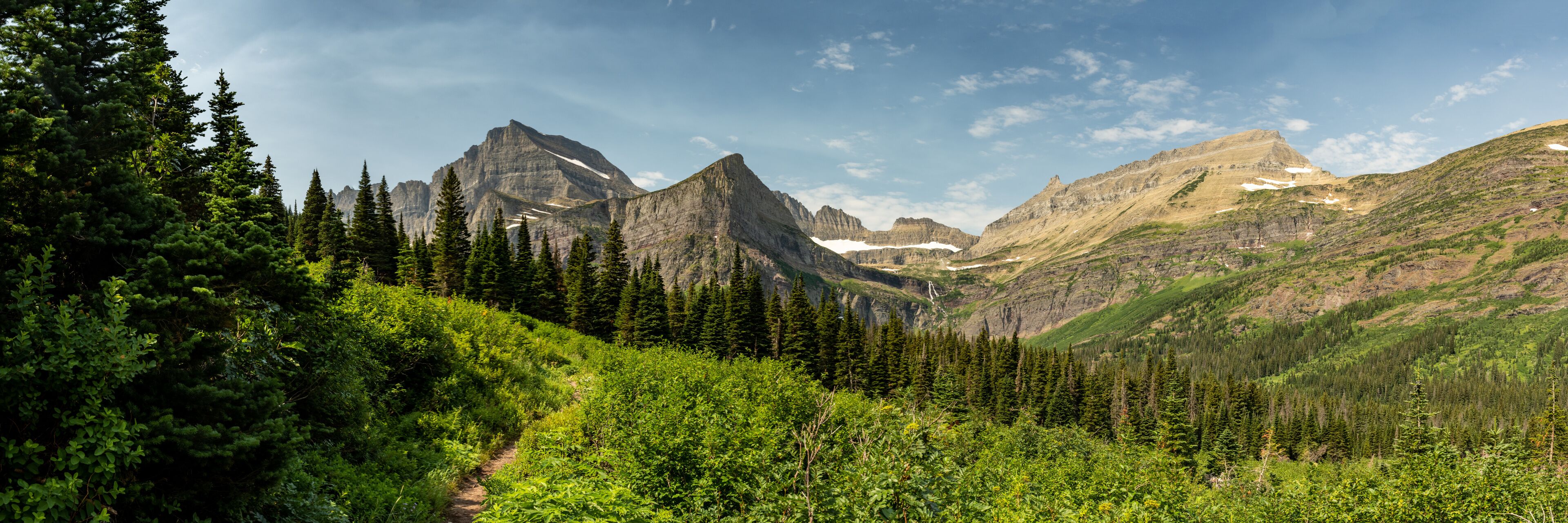 A mountainous landscape with dense forests and a clear sky.