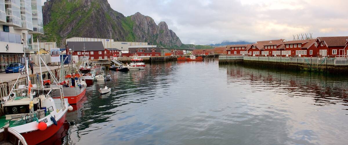 A harbor with boats, a mountain, and red buildings.