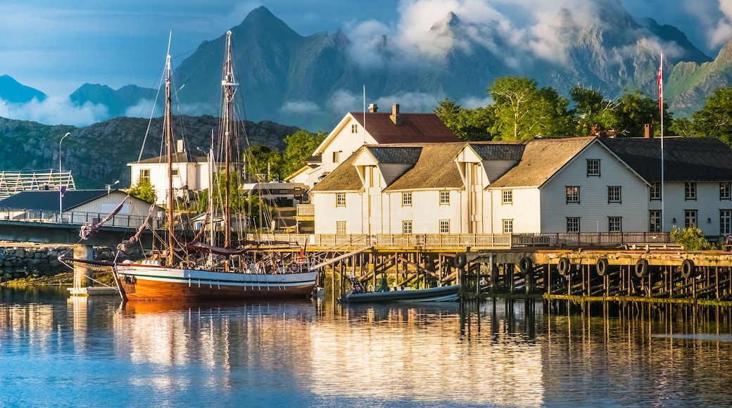 Old town of Svolvaer, Lofoten Islands, Nordland, Norway. Located north of the Arctic Circle. Natural beauty, distinctive scenery, dramatic mountains and peaks, fjords and picturesque villages.