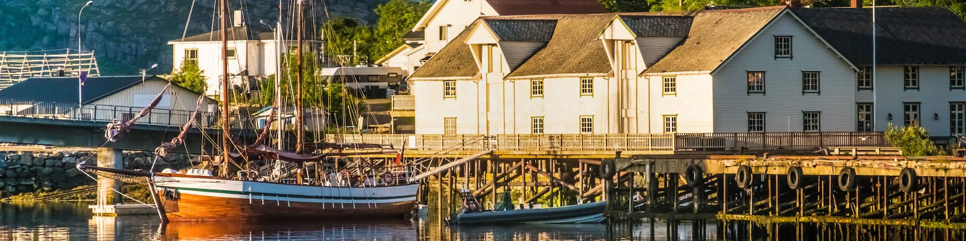 Old town of Svolvaer, Lofoten Islands, Nordland, Norway. Located north of the Arctic Circle. Natural beauty, distinctive scenery, dramatic mountains and peaks, fjords and picturesque villages.