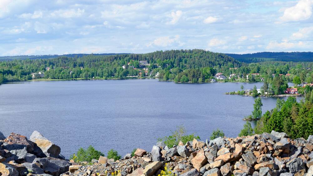 panoramic view across landscape with the lake Virserumsjoen in Smaland, Sweden