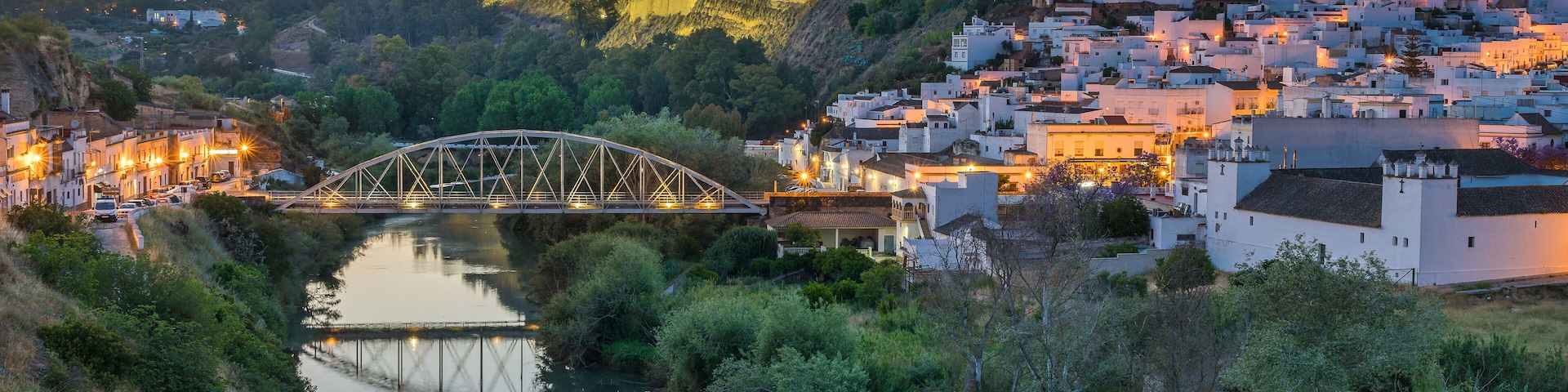 A river with a bridge, a town with white buildings, and a castle on a hill.