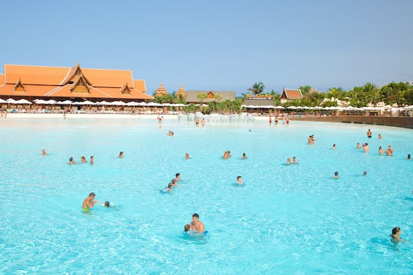 Siam Park which includes a waterpark and swimming as well as a large group of people