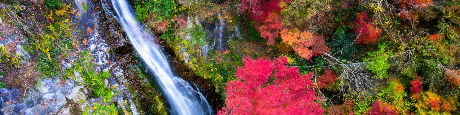 top aerial view of Minoo falls, Minoh park the popular waterfalls for tourist and traveler in Osaka, Kyoto of Japan