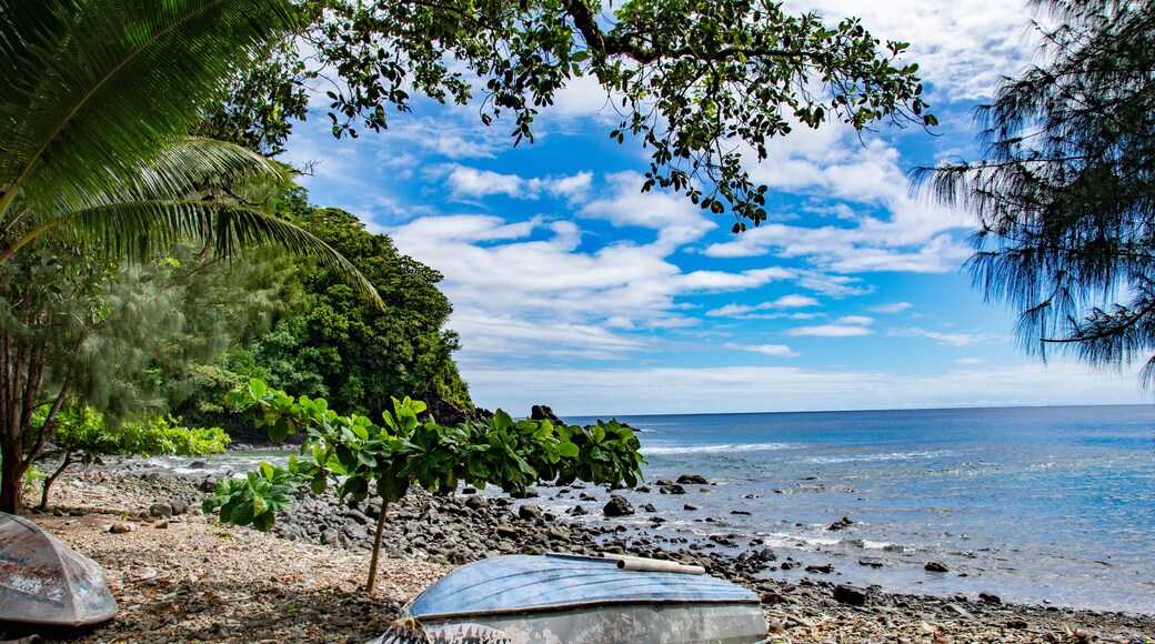 Ocean, beach, trees and small boat in Fagamalo village, American Samoa