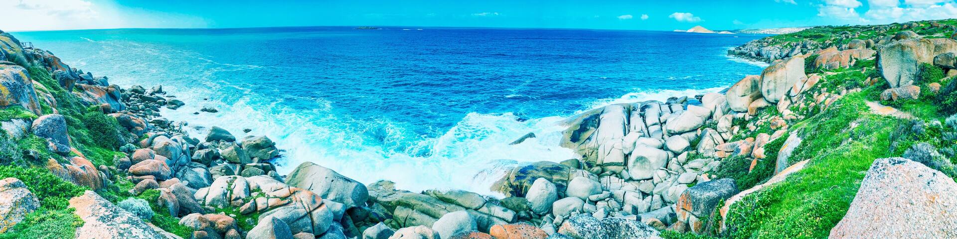 Granite Island, Australia. Beautiful rocks along the ocean, panoramic view