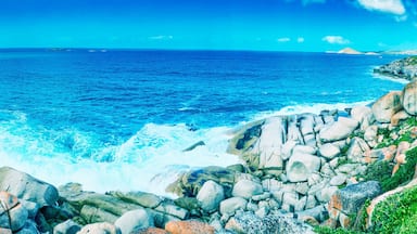 Granite Island, Australia. Beautiful rocks along the ocean, panoramic view
