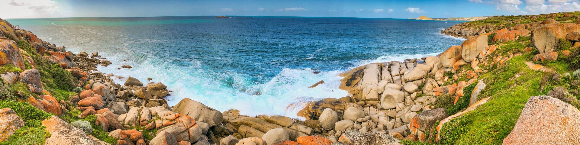 Granite Island, Australia. Beautiful rocks along the ocean, panoramic view