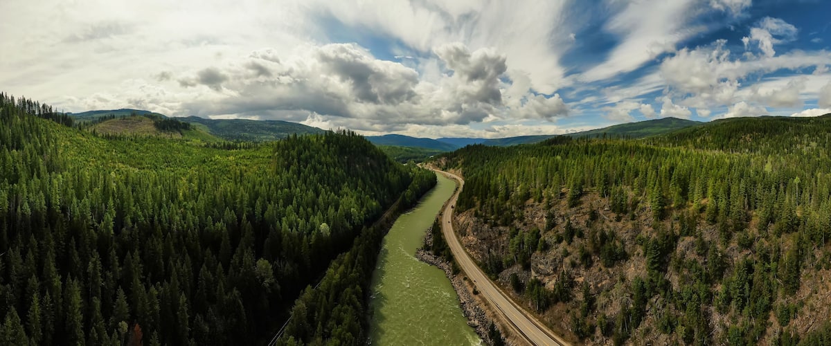 A river winding through a dense forest with a road alongside it and mountains in the background.