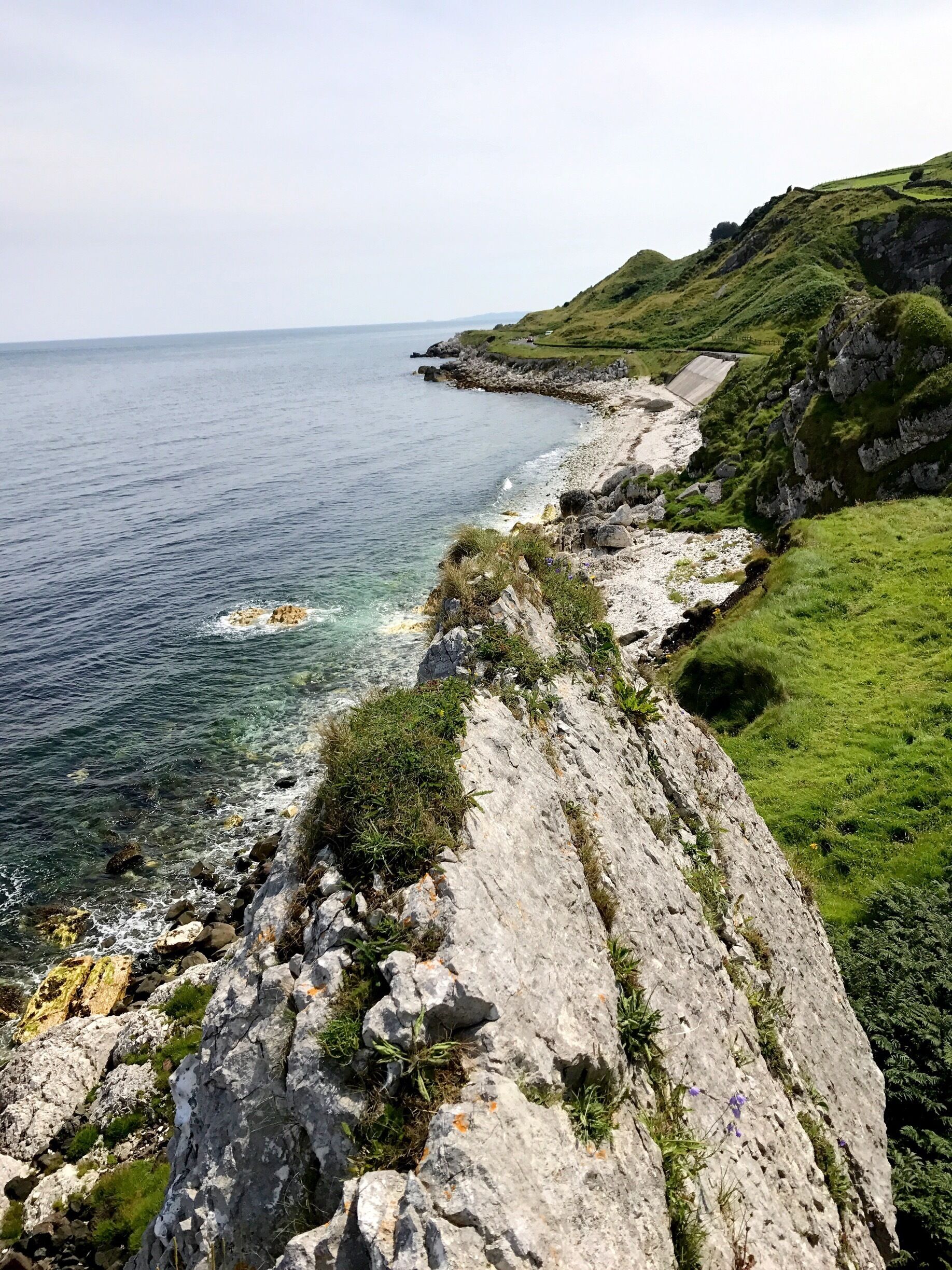 Ett kustlandskap med branta klippor, gräsbeklädda sluttningar och fri utsikt över havet.