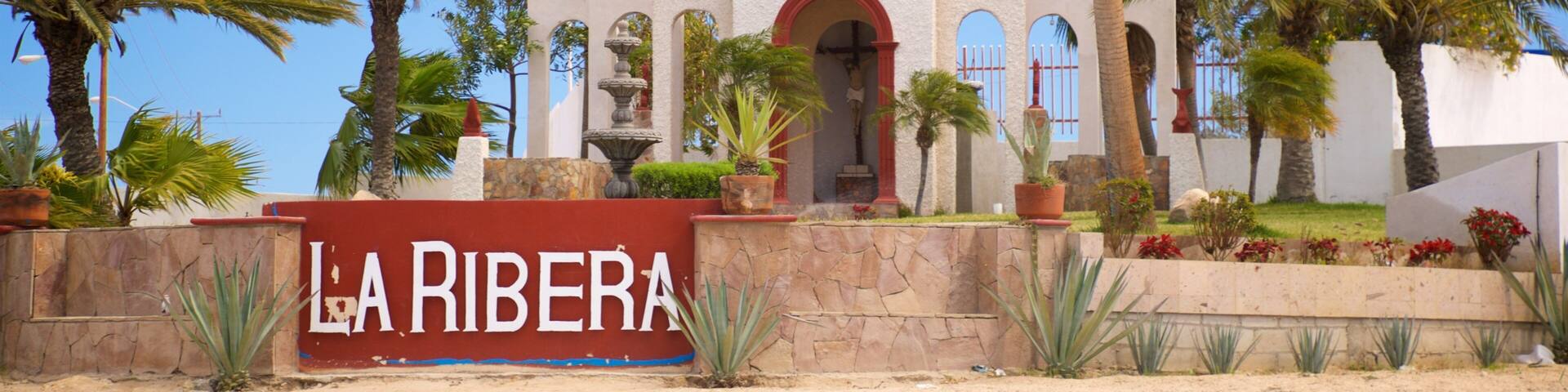 La Ribera featuring a church or cathedral and signage