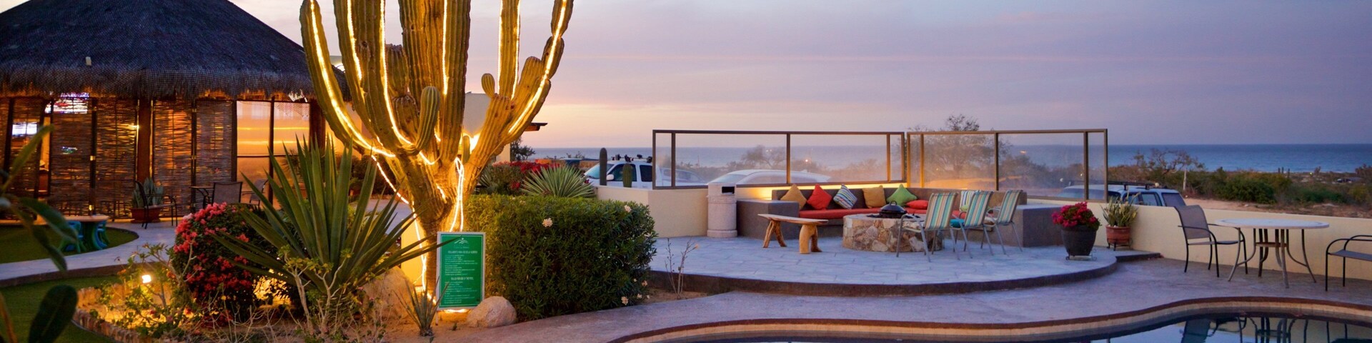A pool with a cactus, outdoor seating, and a view of the ocean.